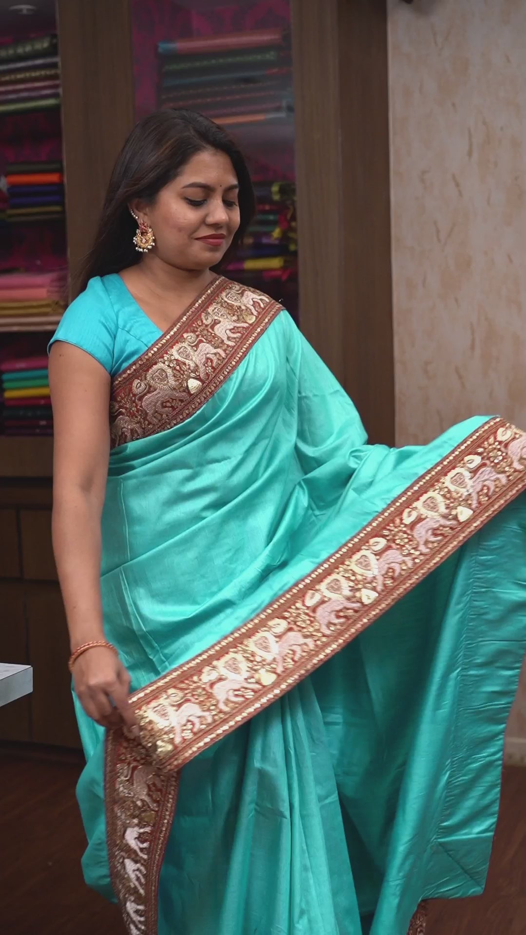 Turquoise Blue With Sindoor Red Tussar Silk Saree