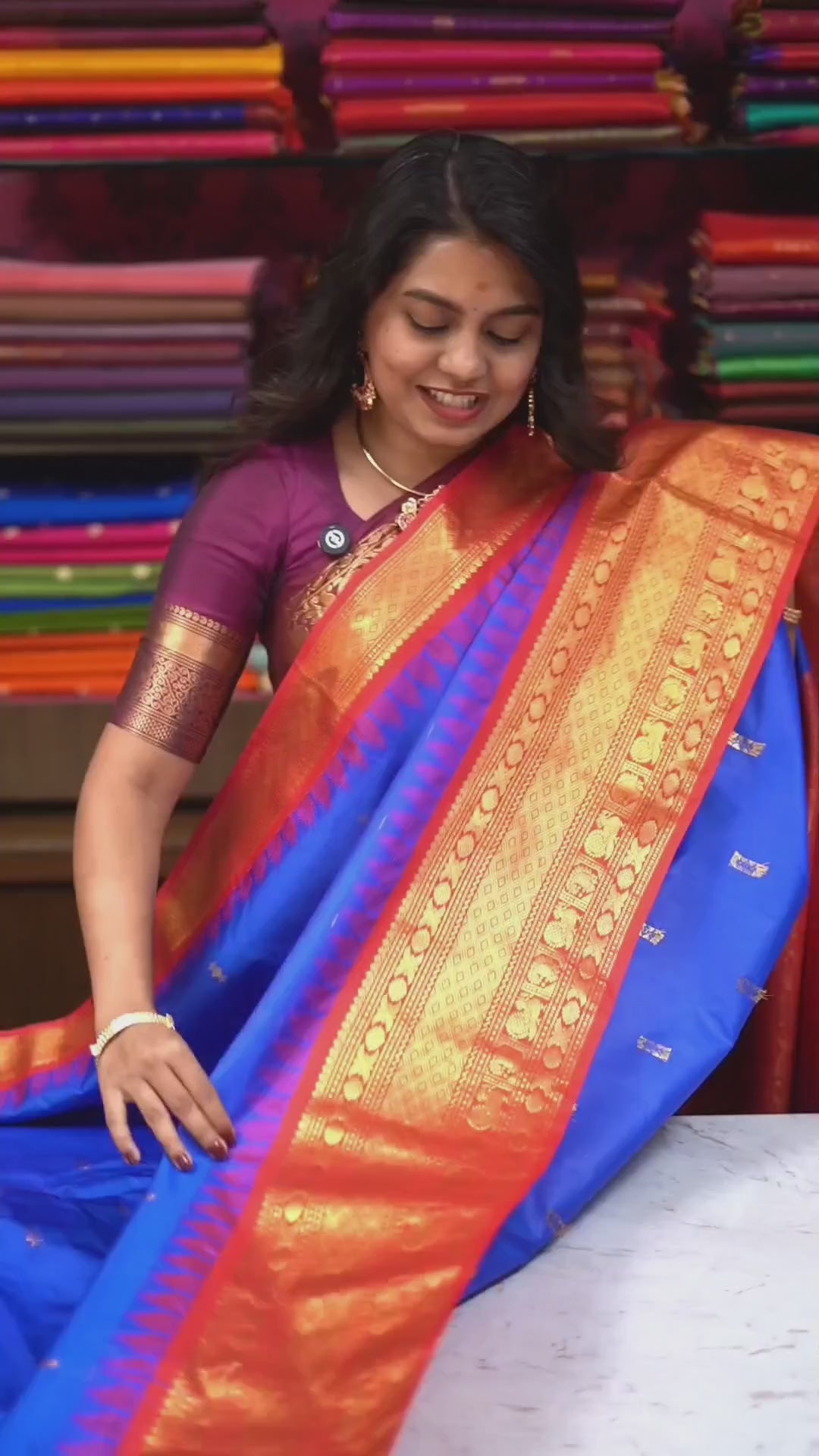 Ms Blue With Red Semi Gadwal Silk Saree