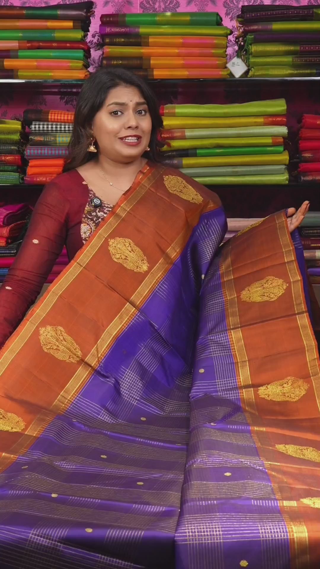 Violet With Rust Orange Pure Kanchivaram Silk Saree