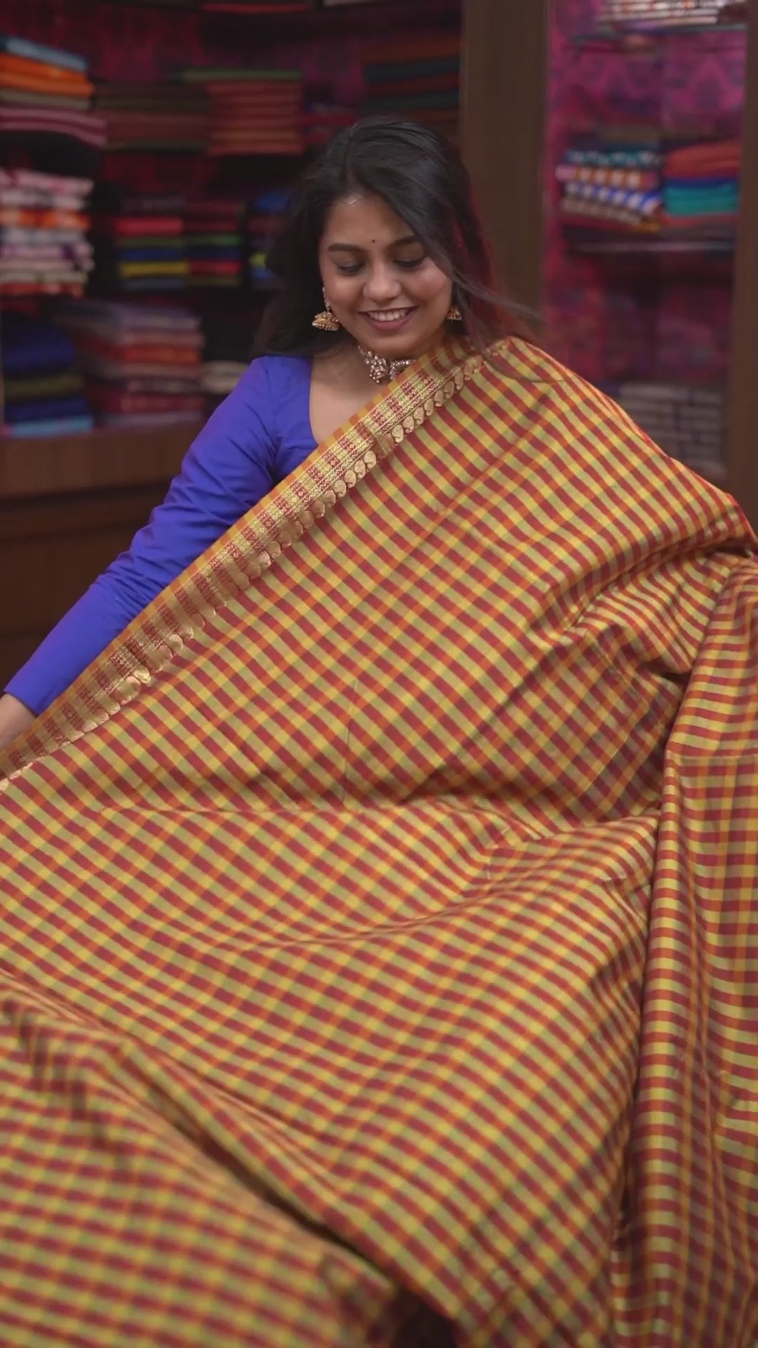 Mustard Yellow With Red Checks Semi Silk Cotton Saree