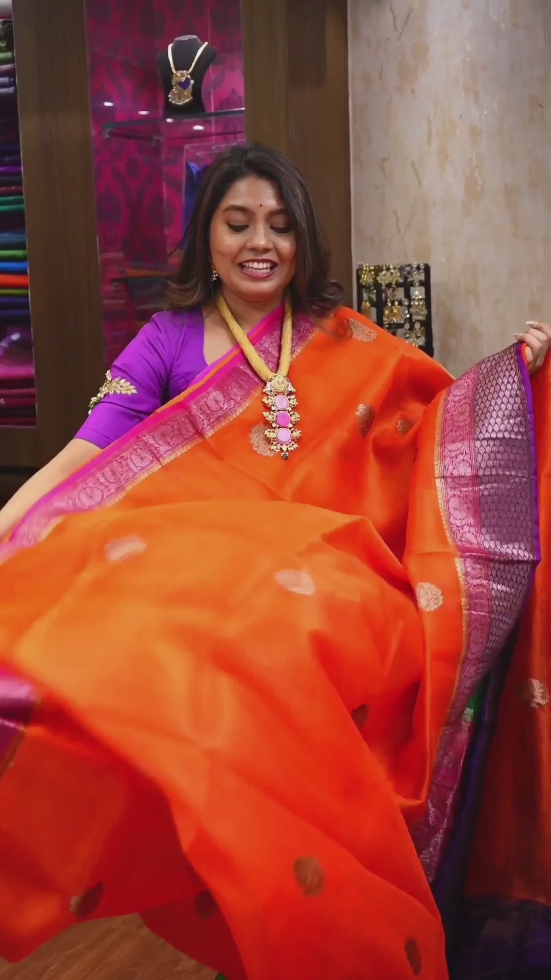 Tomato Orange Banarasi Silk Organza saree