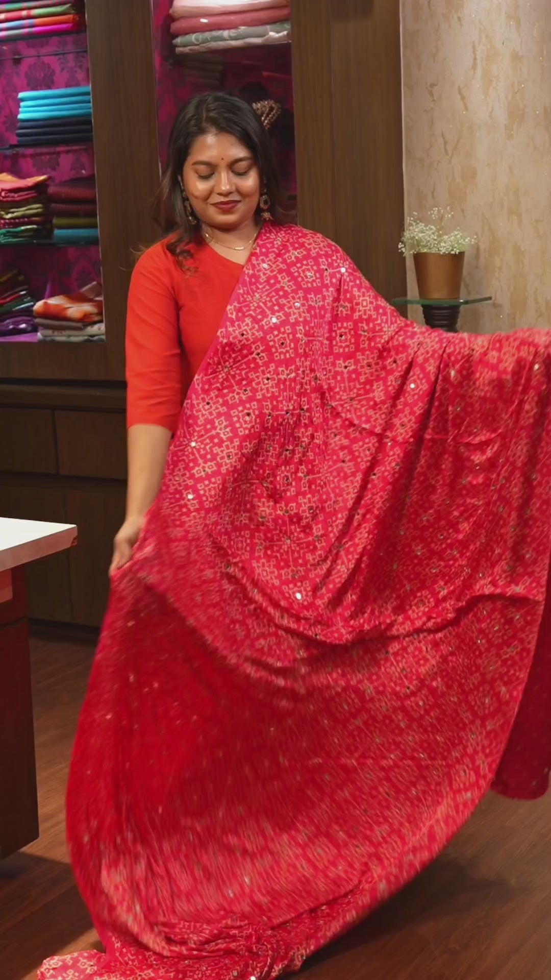 Pink Mirror Work Ajrakh Modal Silk Saree