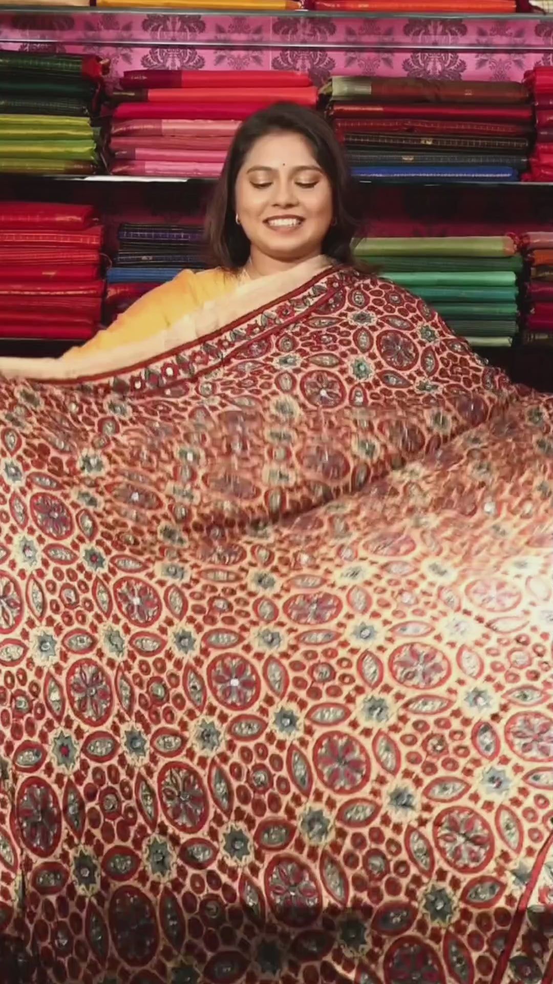 Brown  Mirror Work Ajrakh Modal Silk Saree