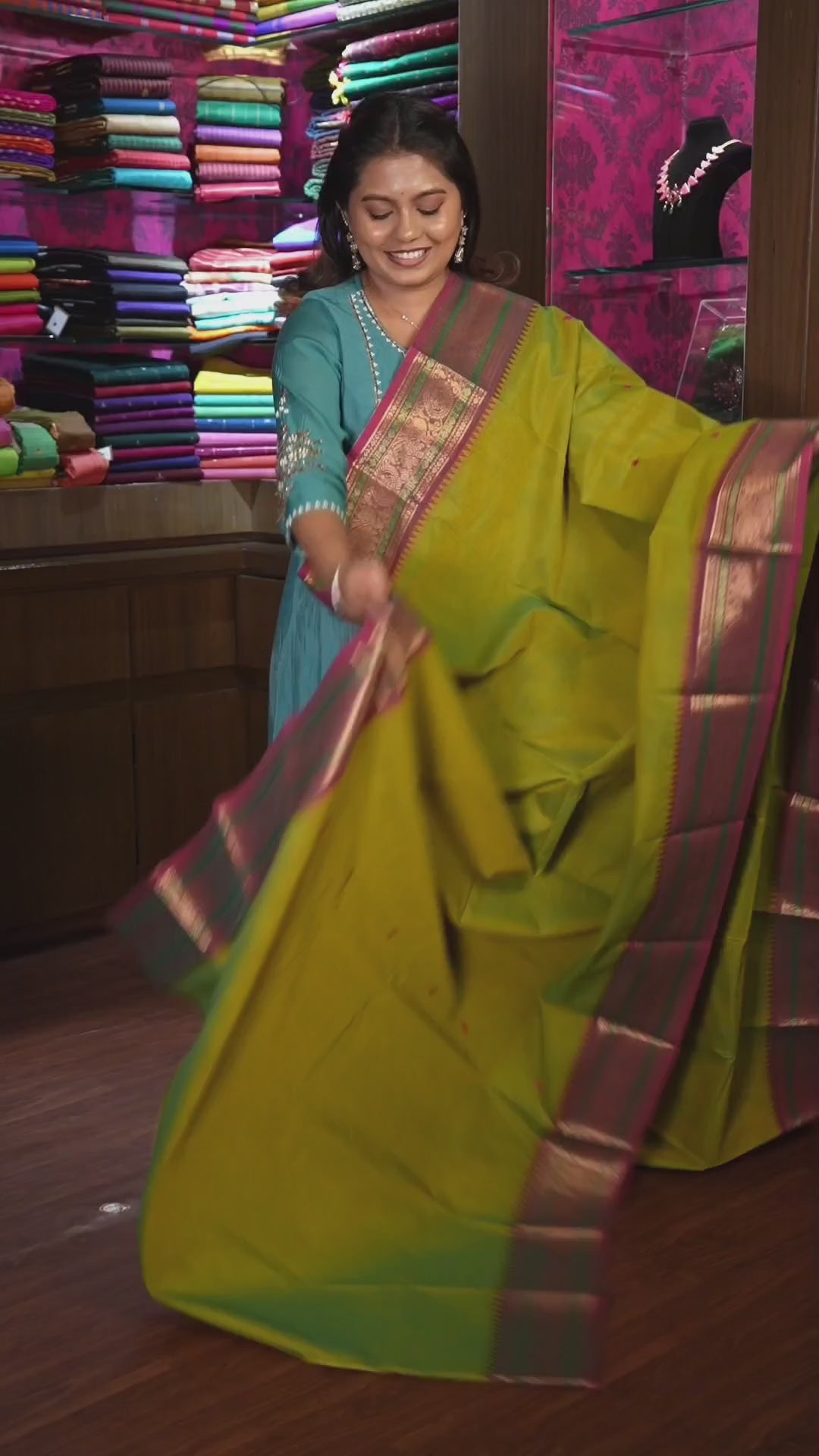 Green With Pink Kanchi Cotton Saree