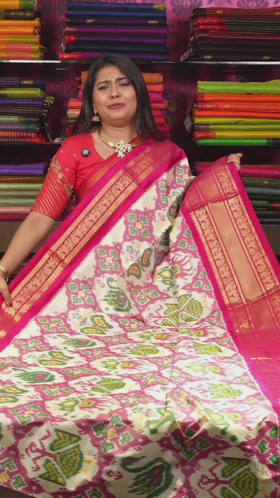 Off White With Pink Pochampally Silk Saree
