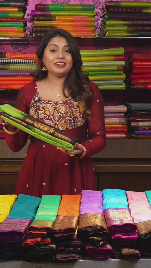 Leaf Green With Brown Semi Gadwal Silk Saree