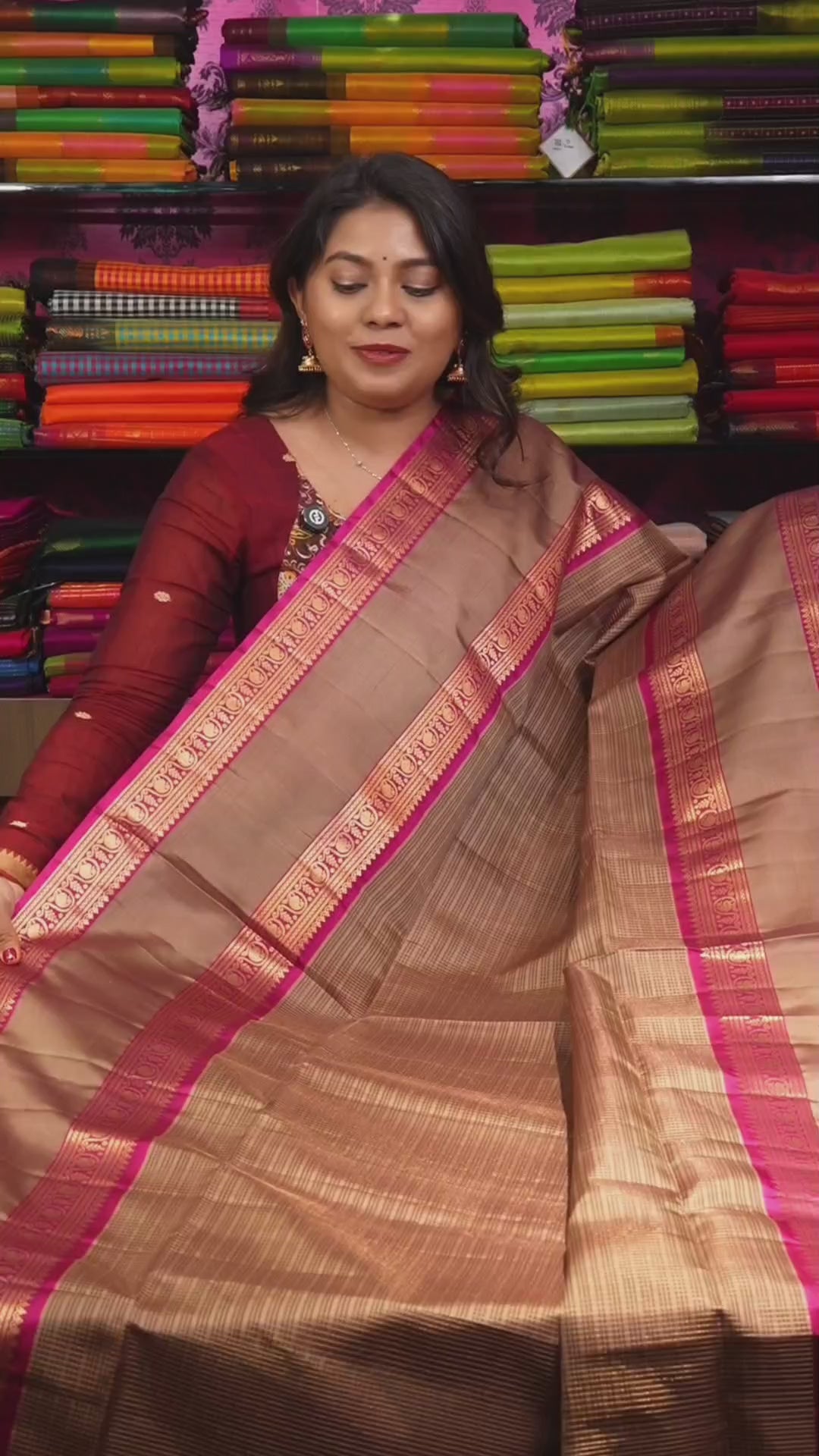 Beige With Magenta Pink Payadi Pure Soft Silk Saree