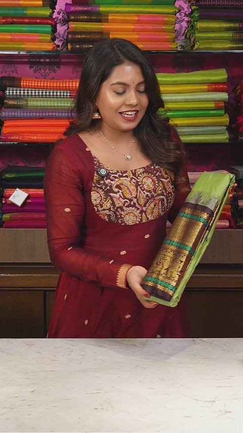 Elakai Green With Dark Brown Semi Gadwal Silk Saree