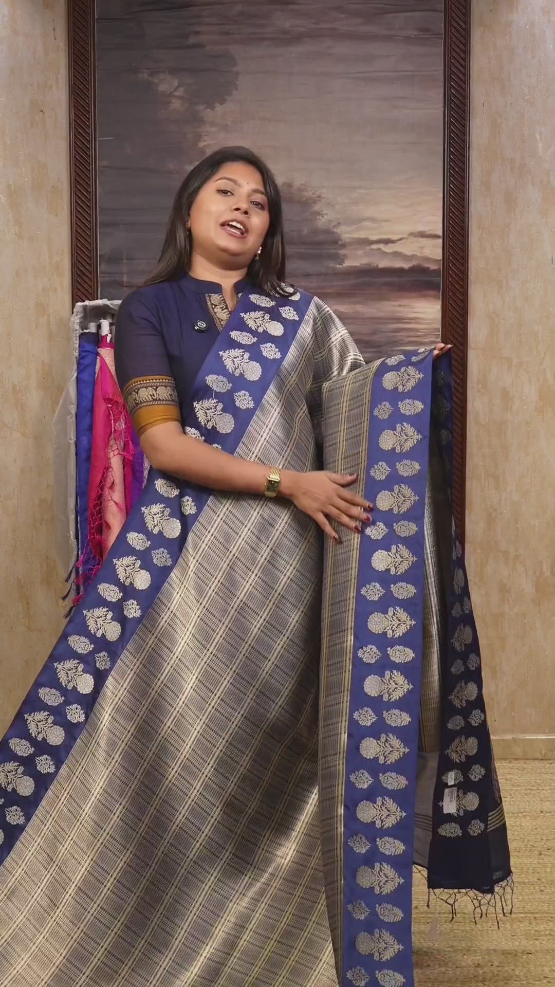 Grey With Blue Banarasi Soft Silk Saree