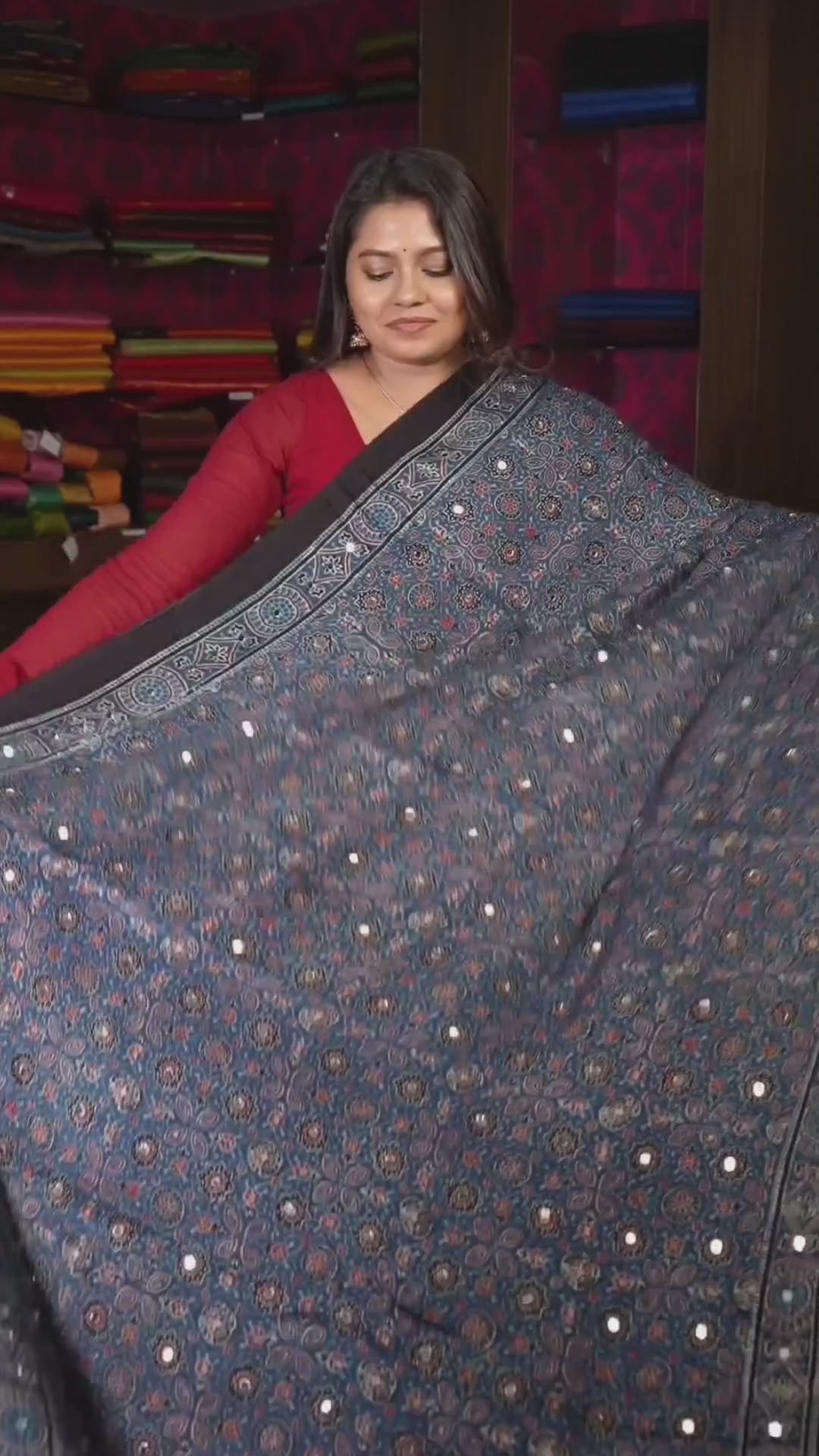Blue Mirror Work Ajrakh Modal Silk Saree