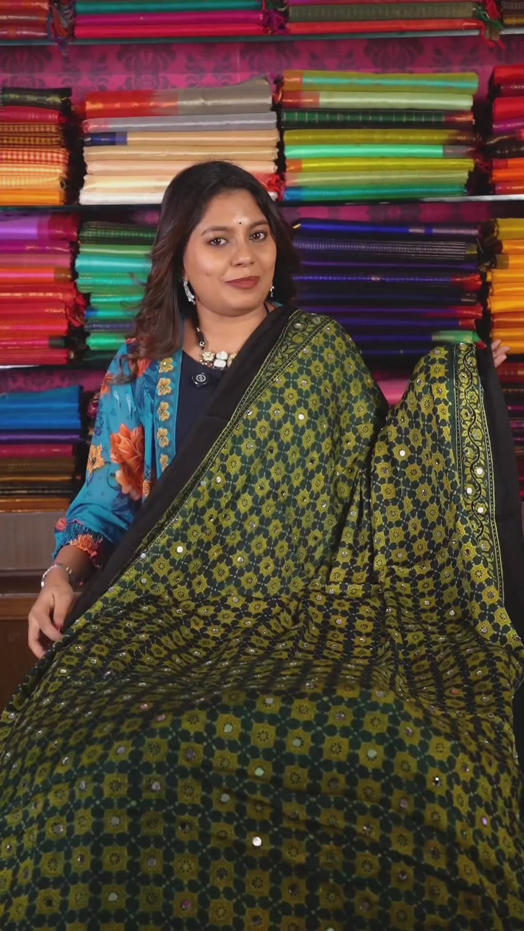 Green Mirror Work Ajrakh Modal Silk Saree