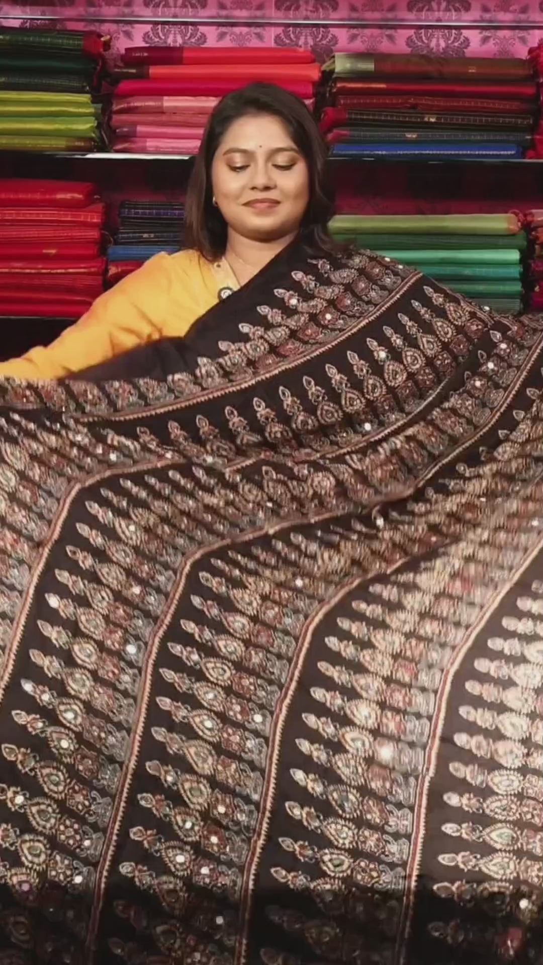 Black Mirror Work Ajrakh Modal Silk Saree