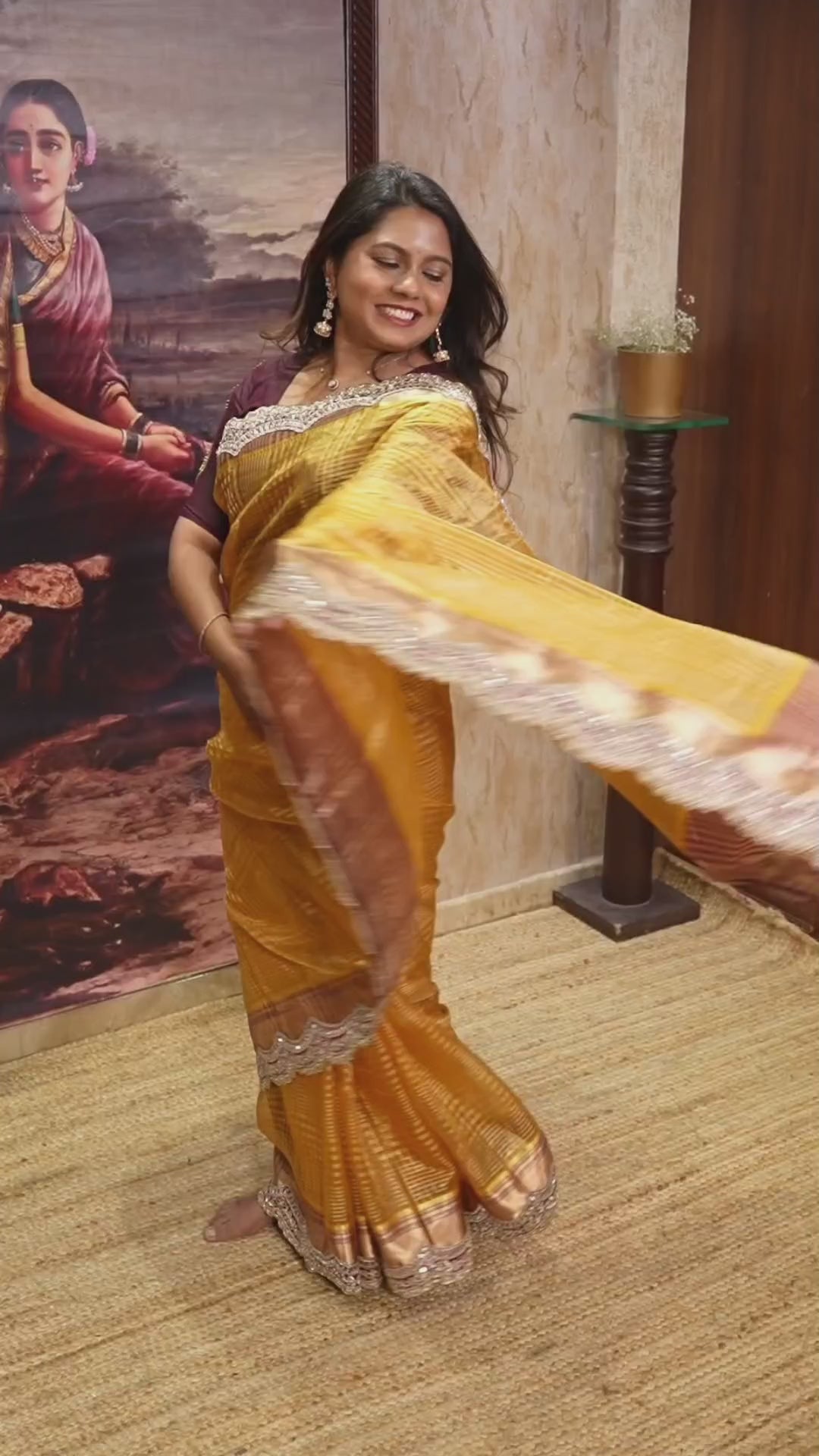 Mustard Yellow with Burgundy Radhe Leela Pure Chanderi Designer Silk Saree
