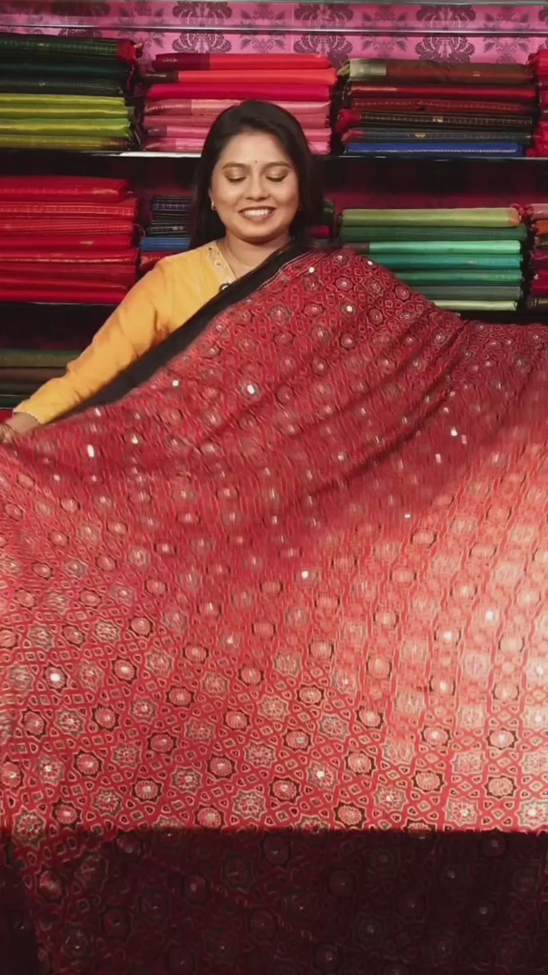 Maroon Mirror Work Ajrakh Modal Silk Saree
