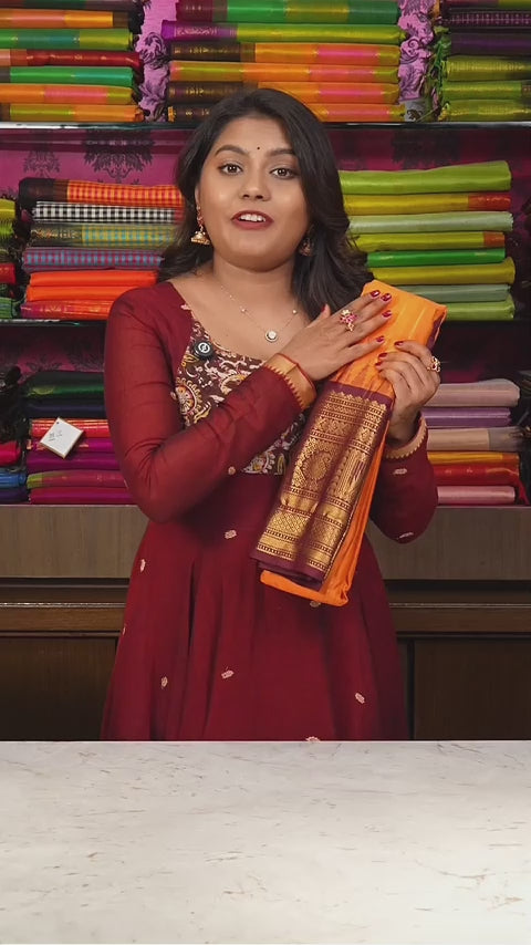 Mango Yellow With Brown Semi Gadwal Silk Saree