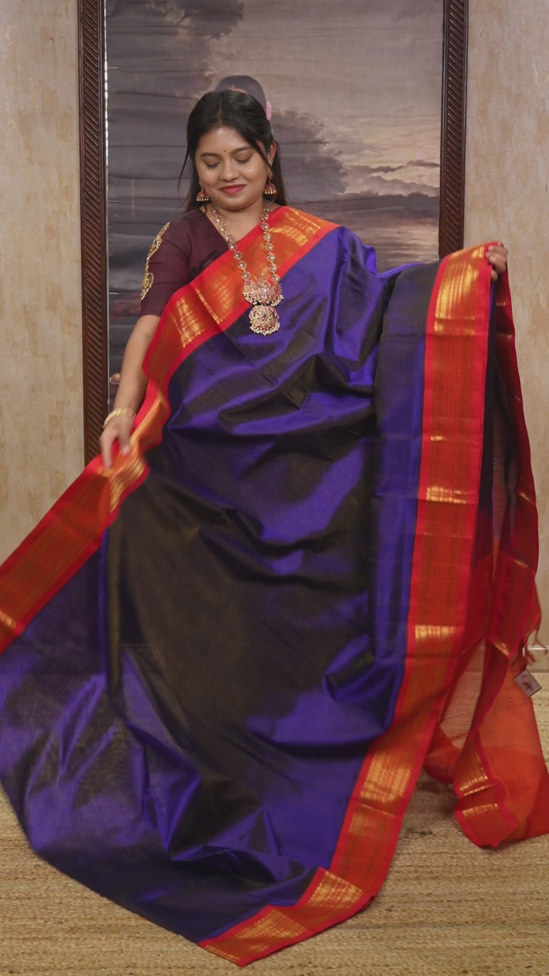 Navy Blue With Red Pure Silk Cotton Saree