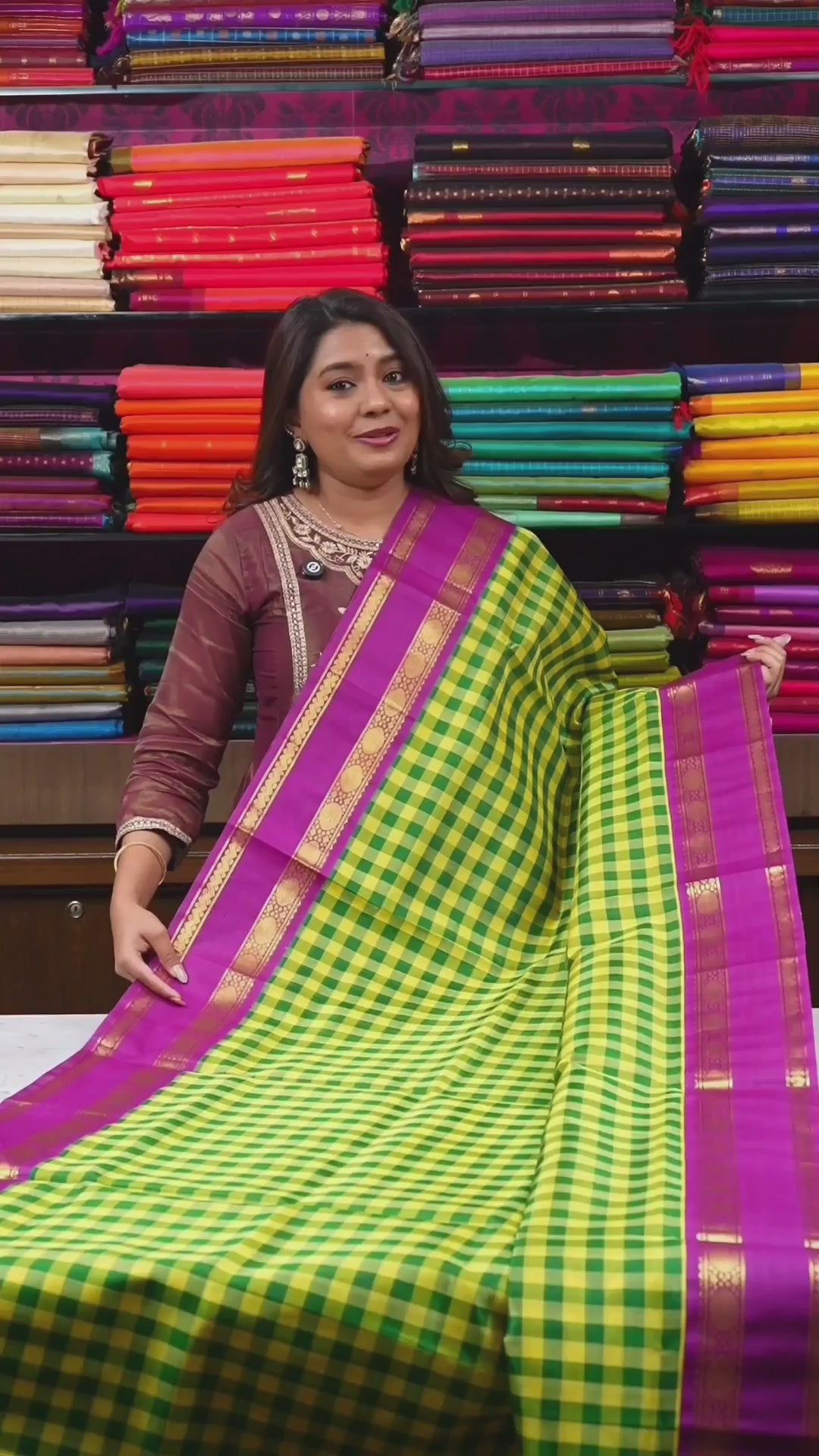 Green Checked With Purple Pure Silk Cotton Saree