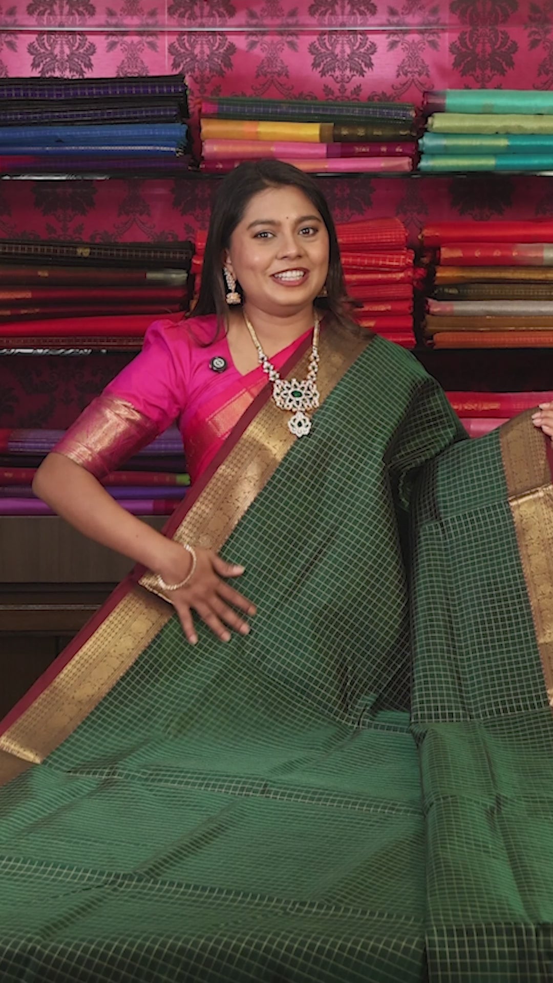 Bottle Green Kattam Chettinad Silk Cotton Saree