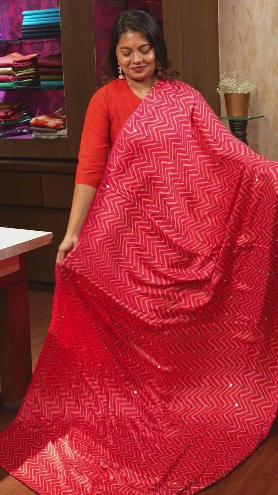 Pink Mirror Work Ajrakh Modal Silk Saree