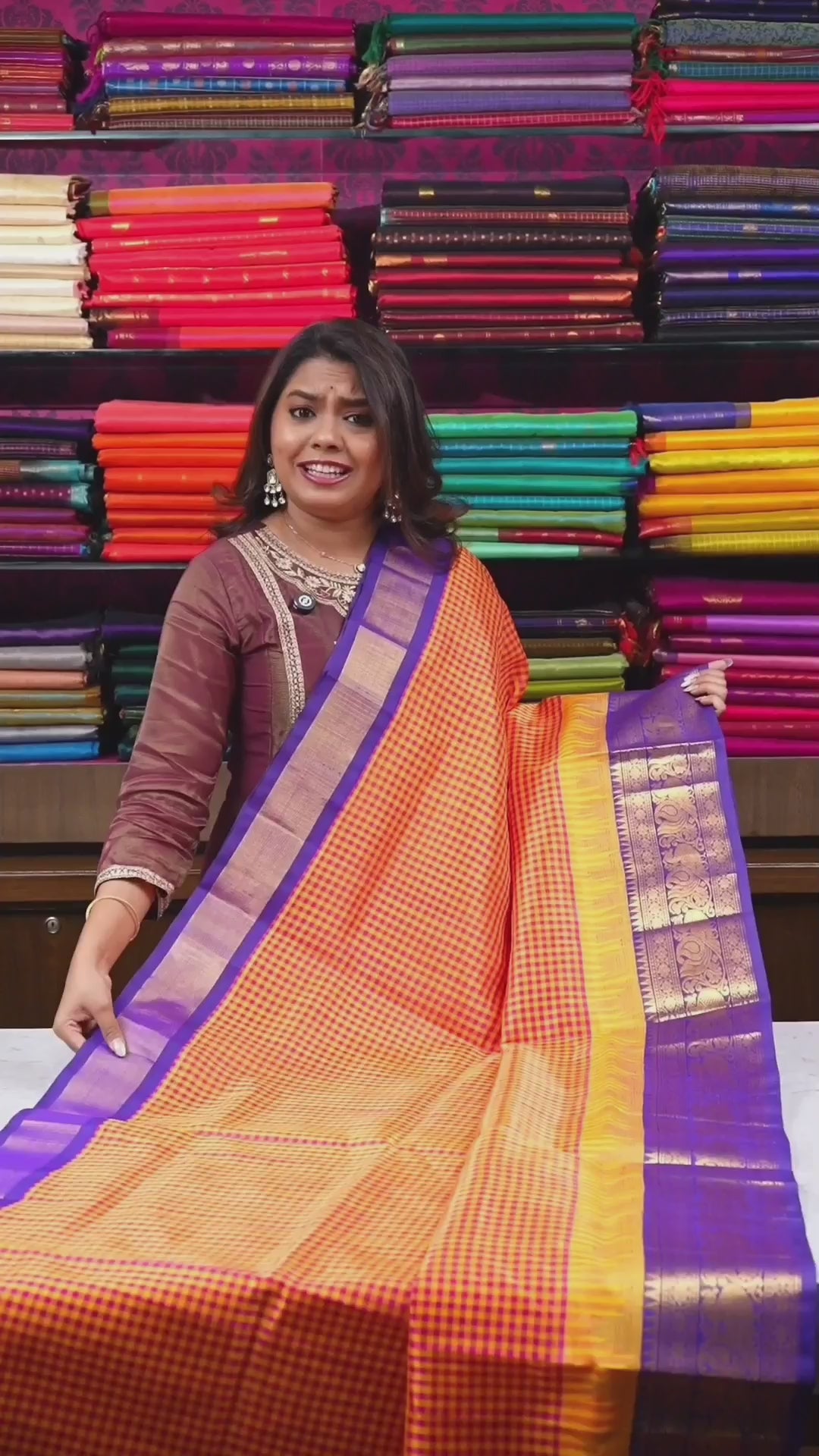 Orange Checked With Purple Pure Silk Cotton Saree