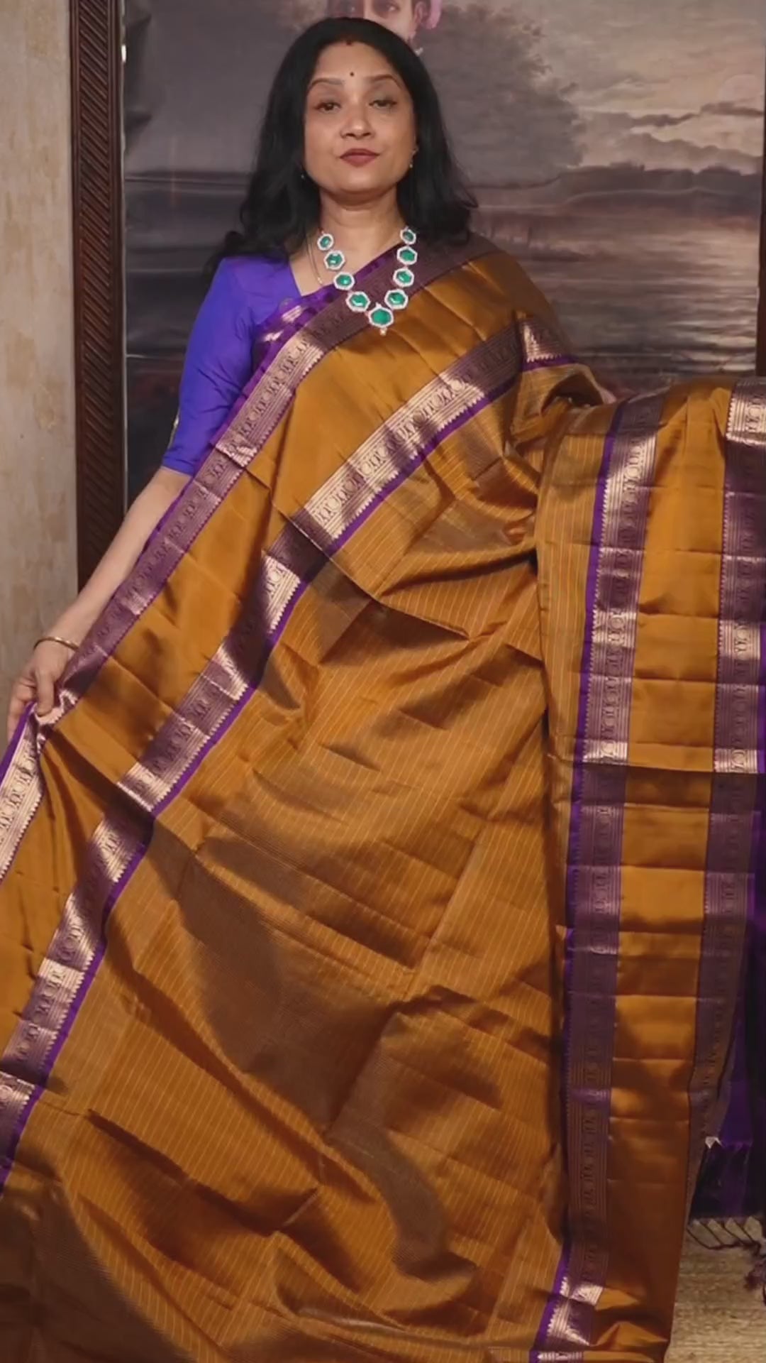Mustard Brown Payadi With Dark Violet Pure Soft Silk Saree