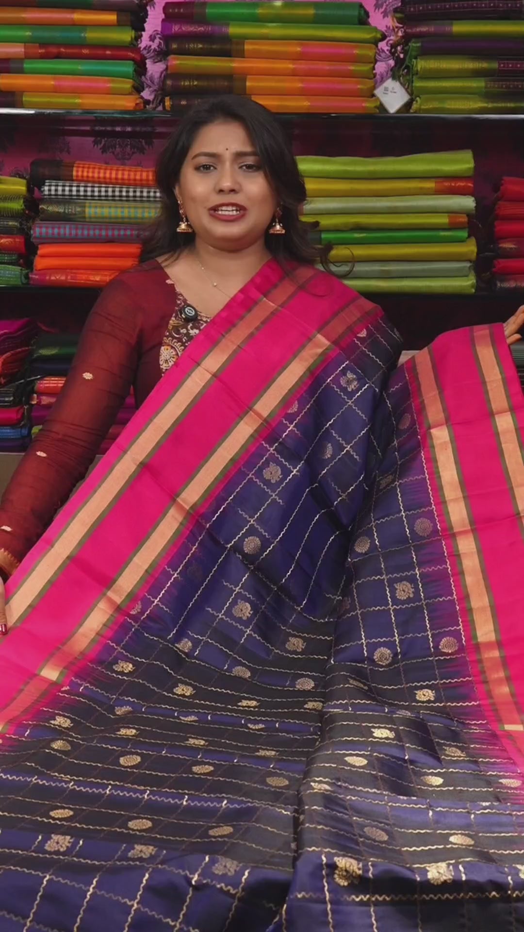 Dark Navy Blue With Pink Pure Kanchivaram Silk Saree