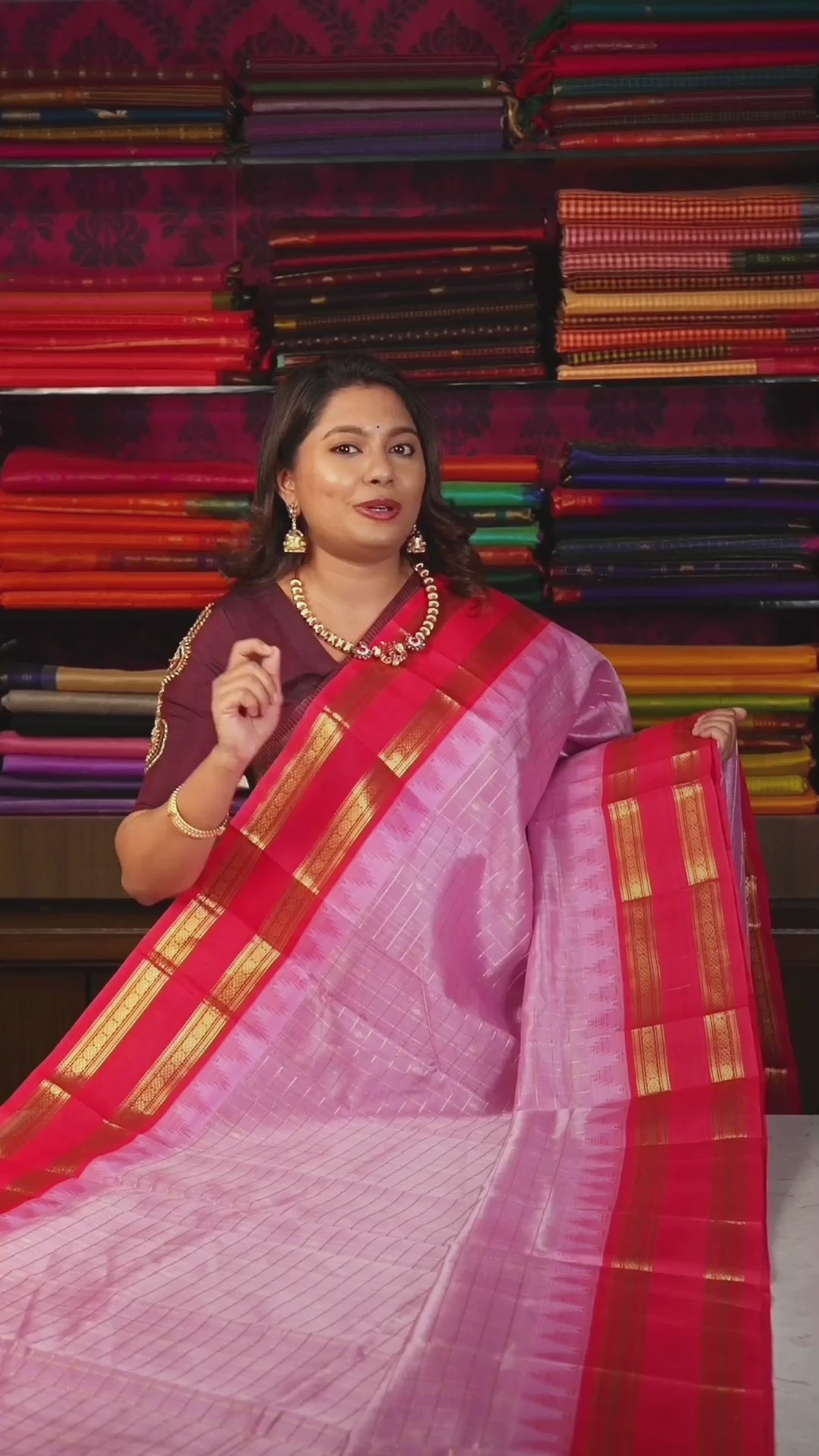 Pink Kattam With Red Rettapet Border Pure Silk Cotton Saree