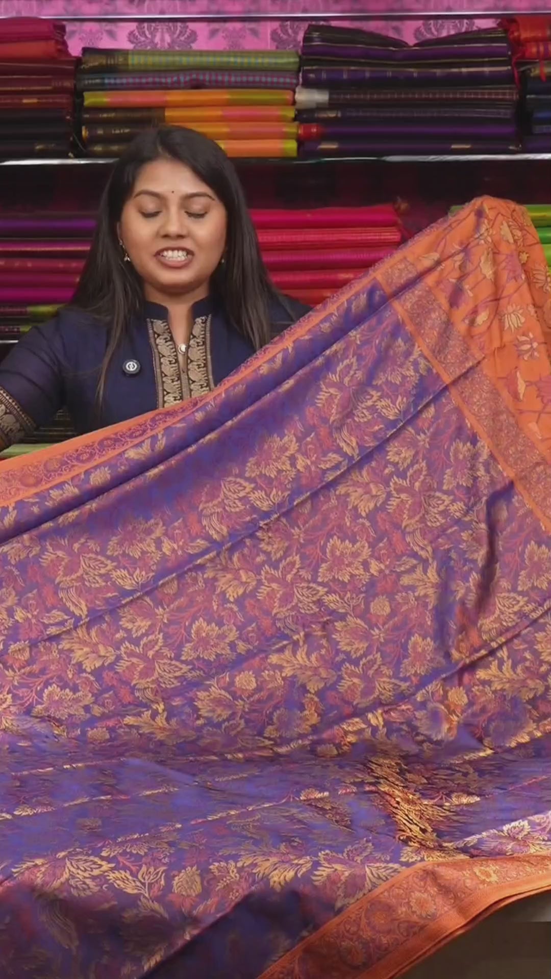 Blue With Rust Orange Pashmina Silk Saree