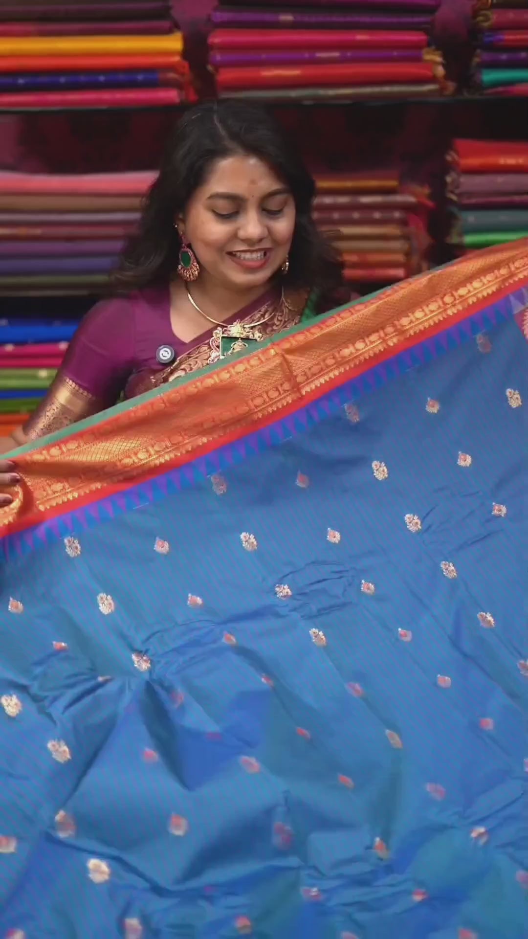 Peacock Blue With Reddish Orange Semi Gadwal Silk Saree