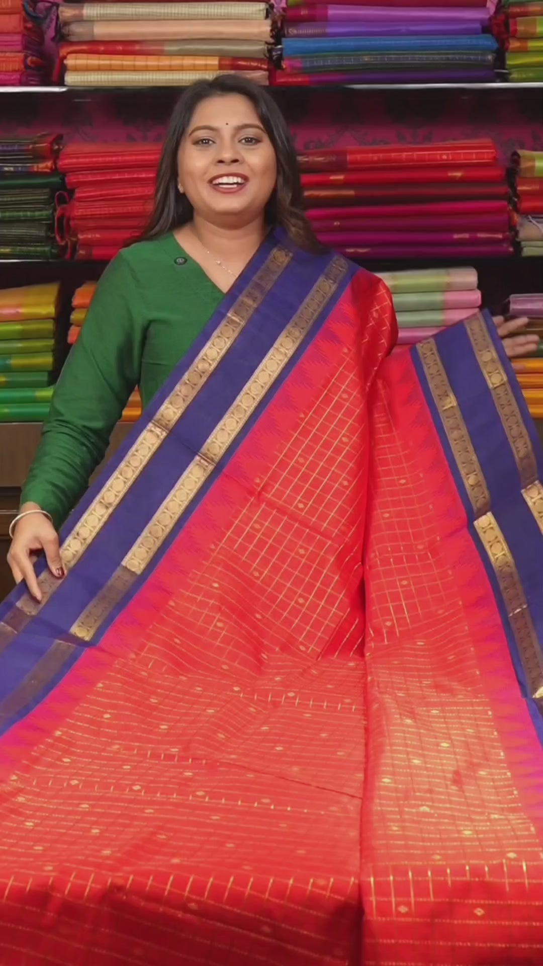 Red Kattam With Blue Pure Silk Cotton Saree