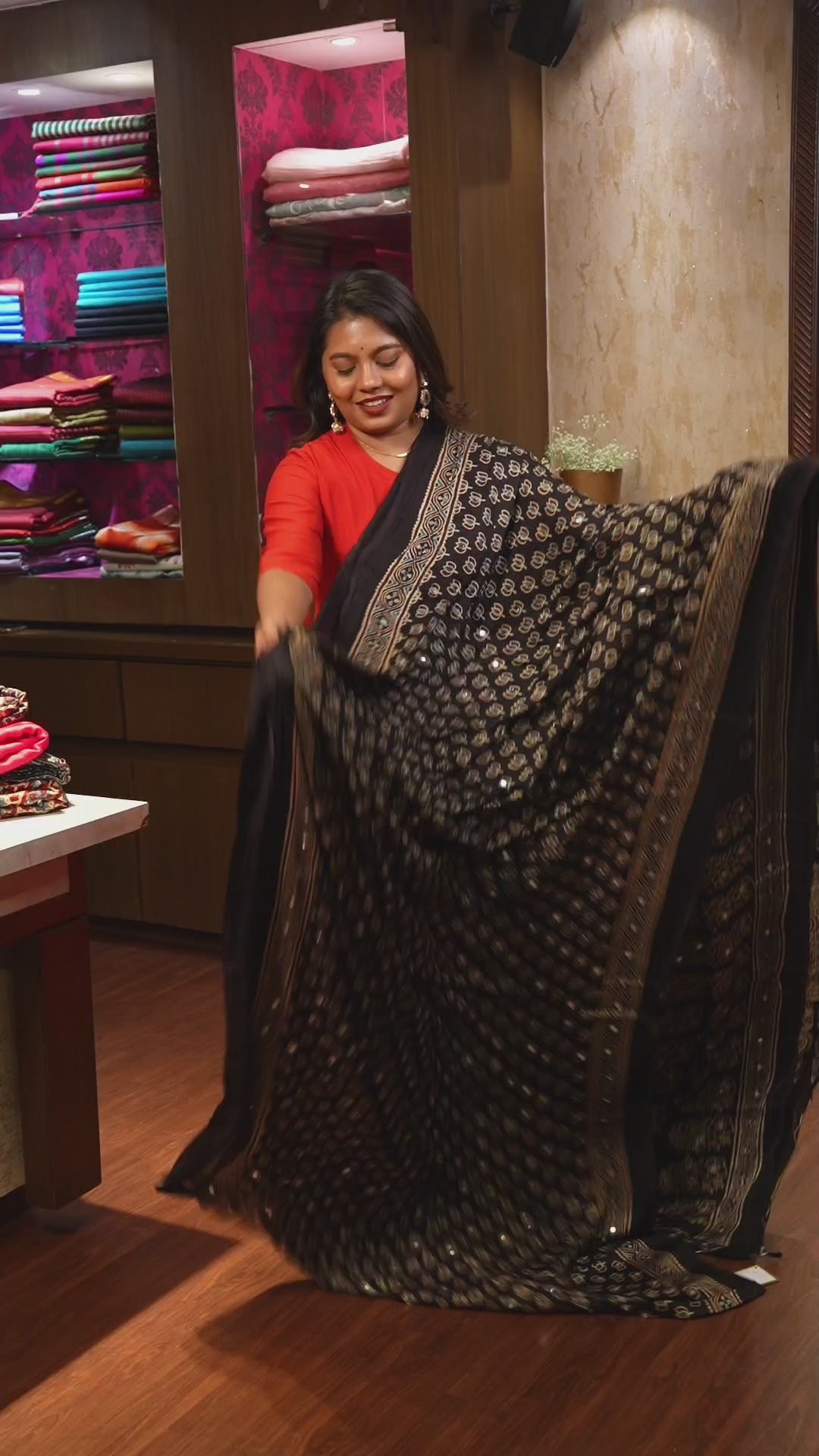 Black Lotus Mirror Work Ajrakh Modal Silk Saree