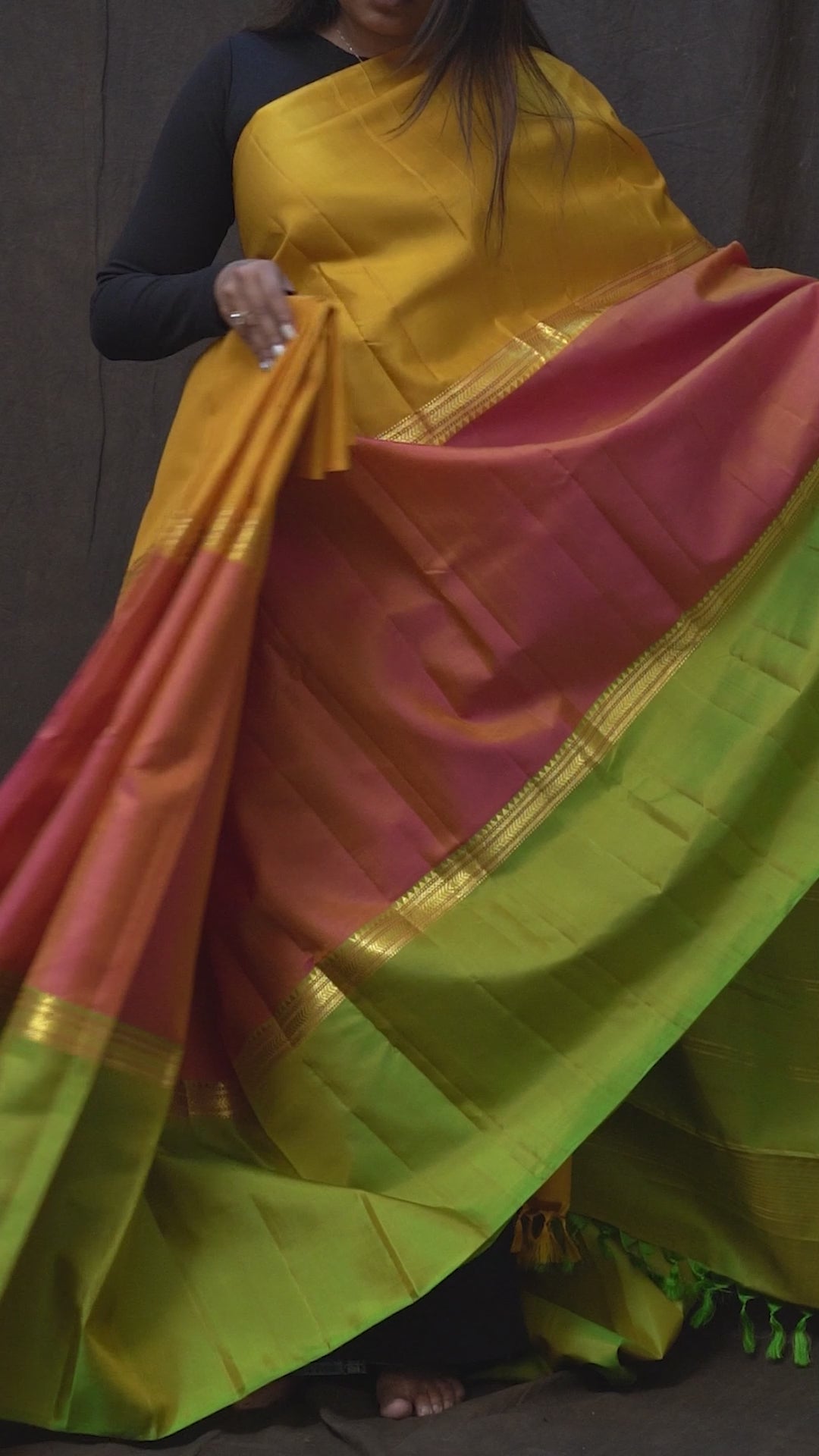 Muppagam Pure Kanchivaram silk saree (yellow,pink,green)