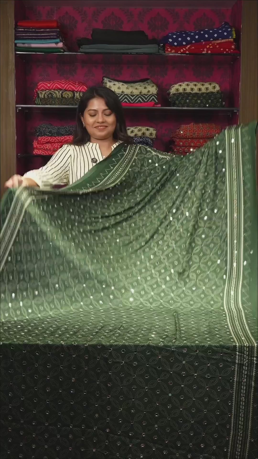 Green Mirror Work Ajrakh Modal Silk Saree