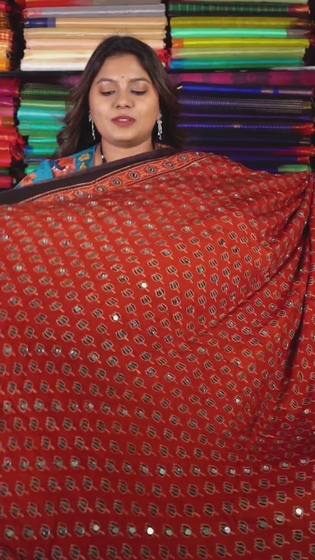 Maroon Lotus Motif Mirror Work Ajrakh Modal Silk Saree