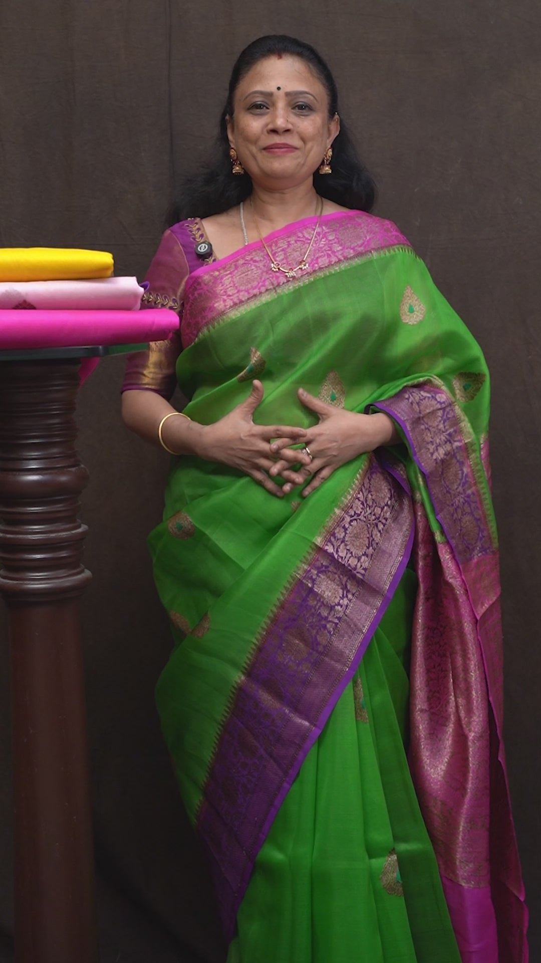 Green With Pink and Grape Purple Banarasi Organza Saree