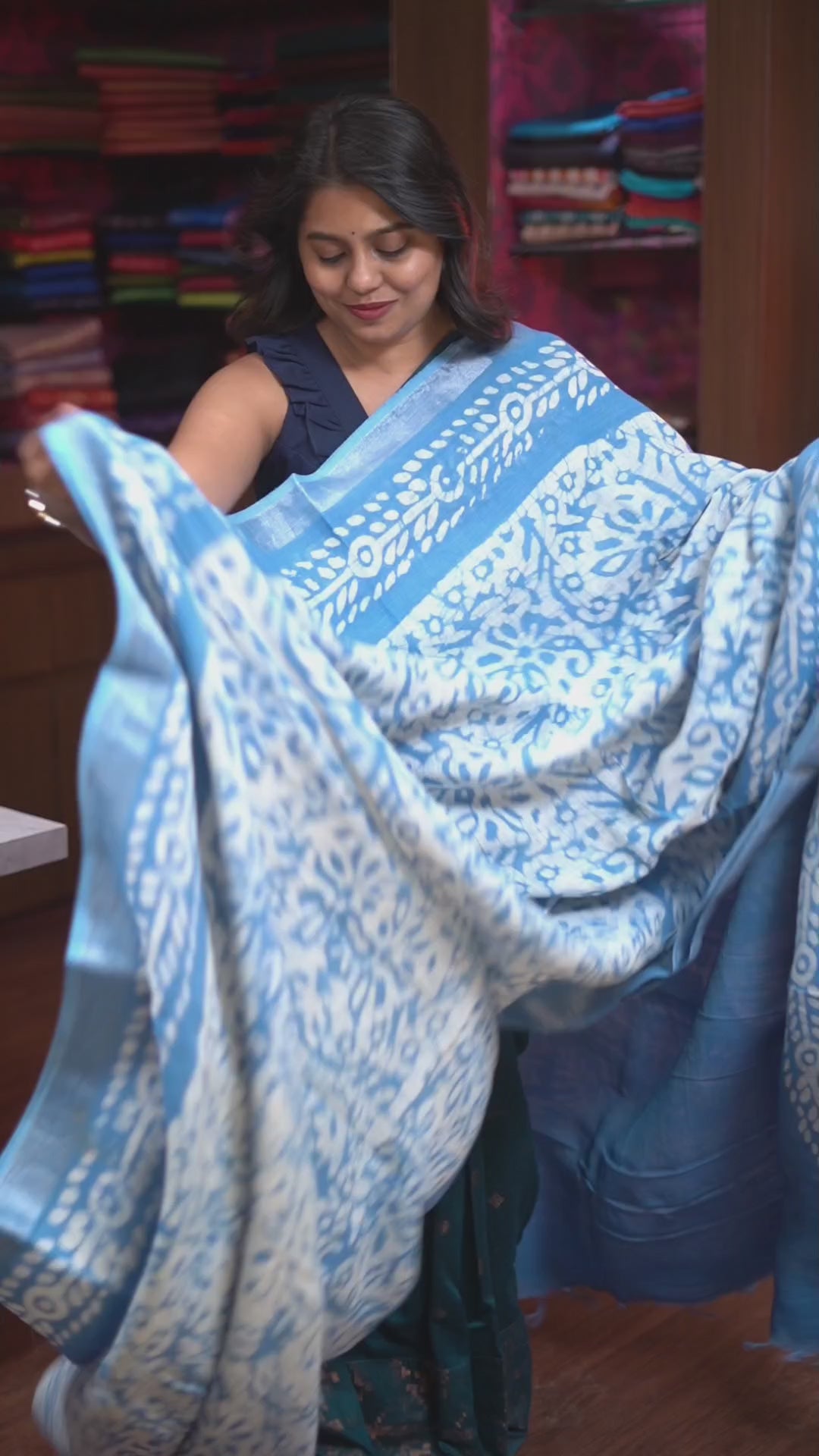 White With Blue Linen Cotton Saree