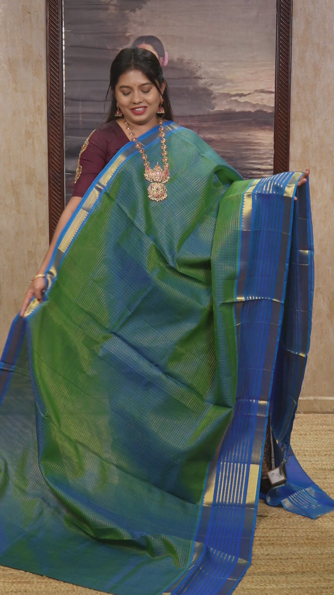 Sea Blue Kattam With Blue Varisapet Border Pure Silk Cotton Saree