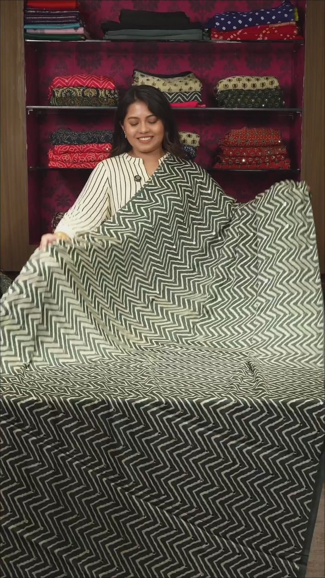 Green Mirror Work Ajrakh Modal Silk Saree