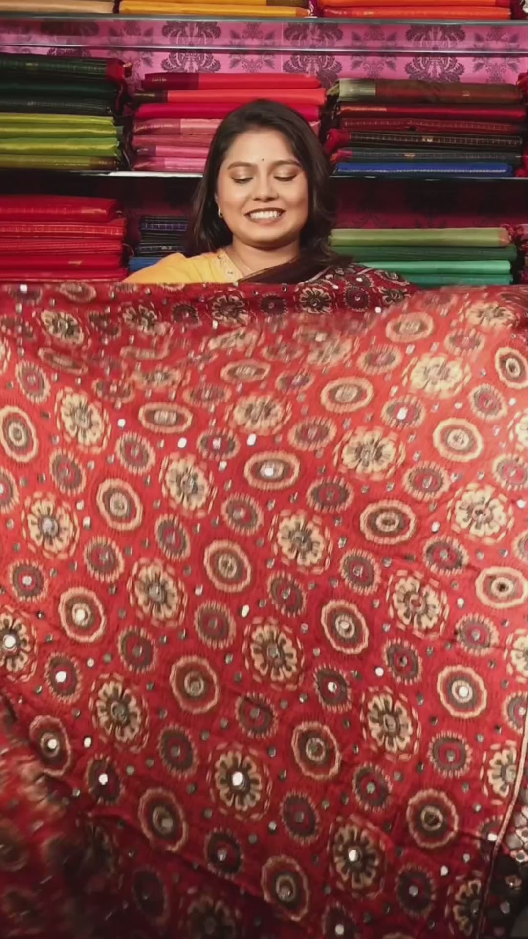 Maroon  Mirror Work Ajrakh Modal Silk Saree