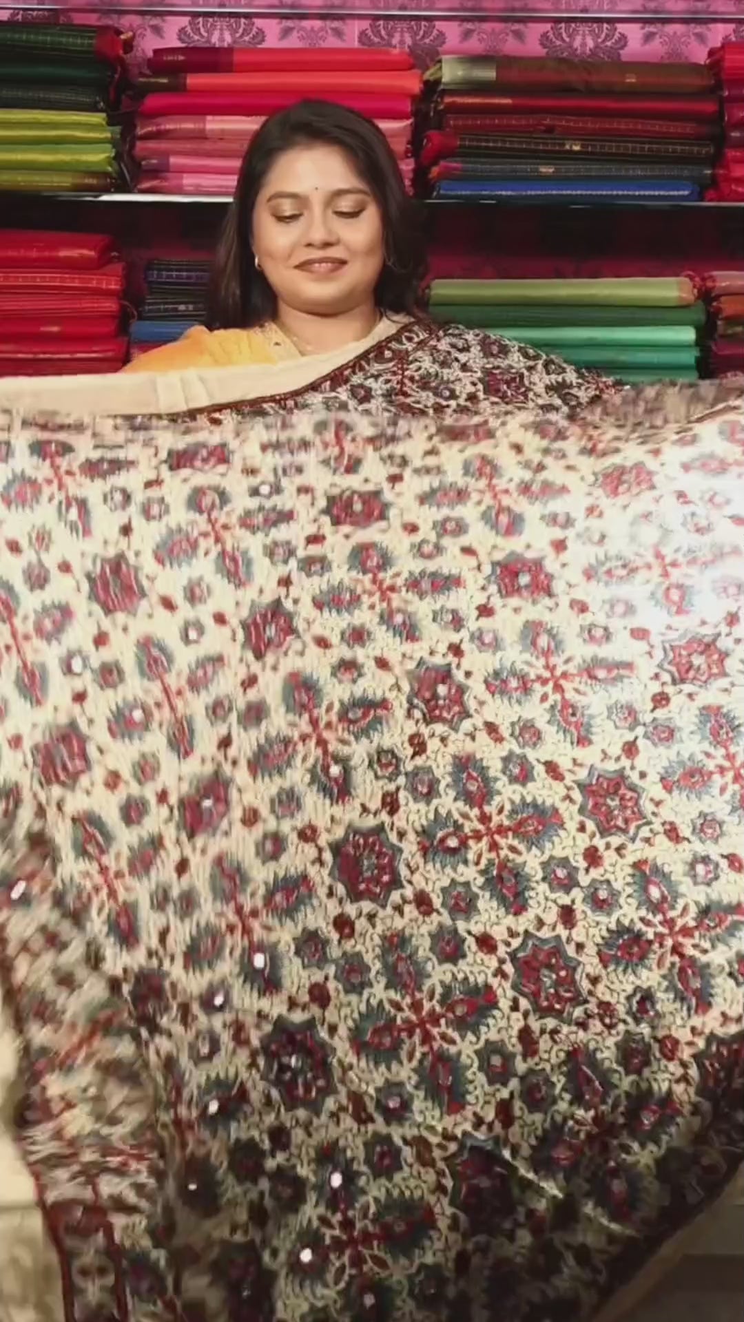 Off White Mirror Work Ajrakh Modal Silk Saree