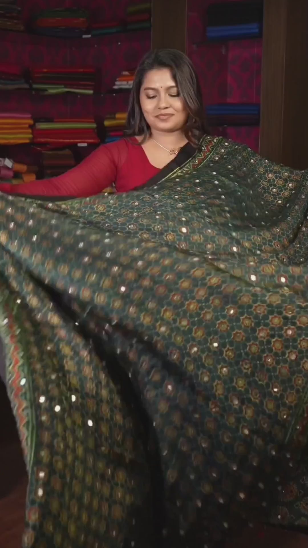 Green Floral motif Mirror Work Ajrakh Modal Silk Saree