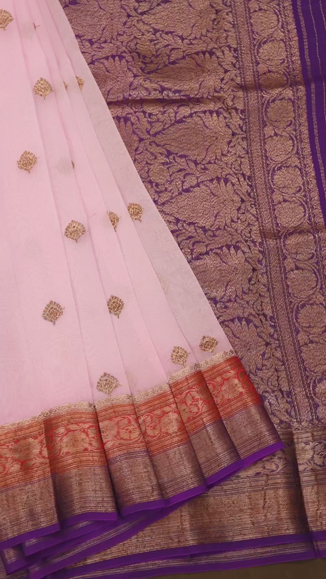 Lilac Pink With Red Brown Banarasi organza saree