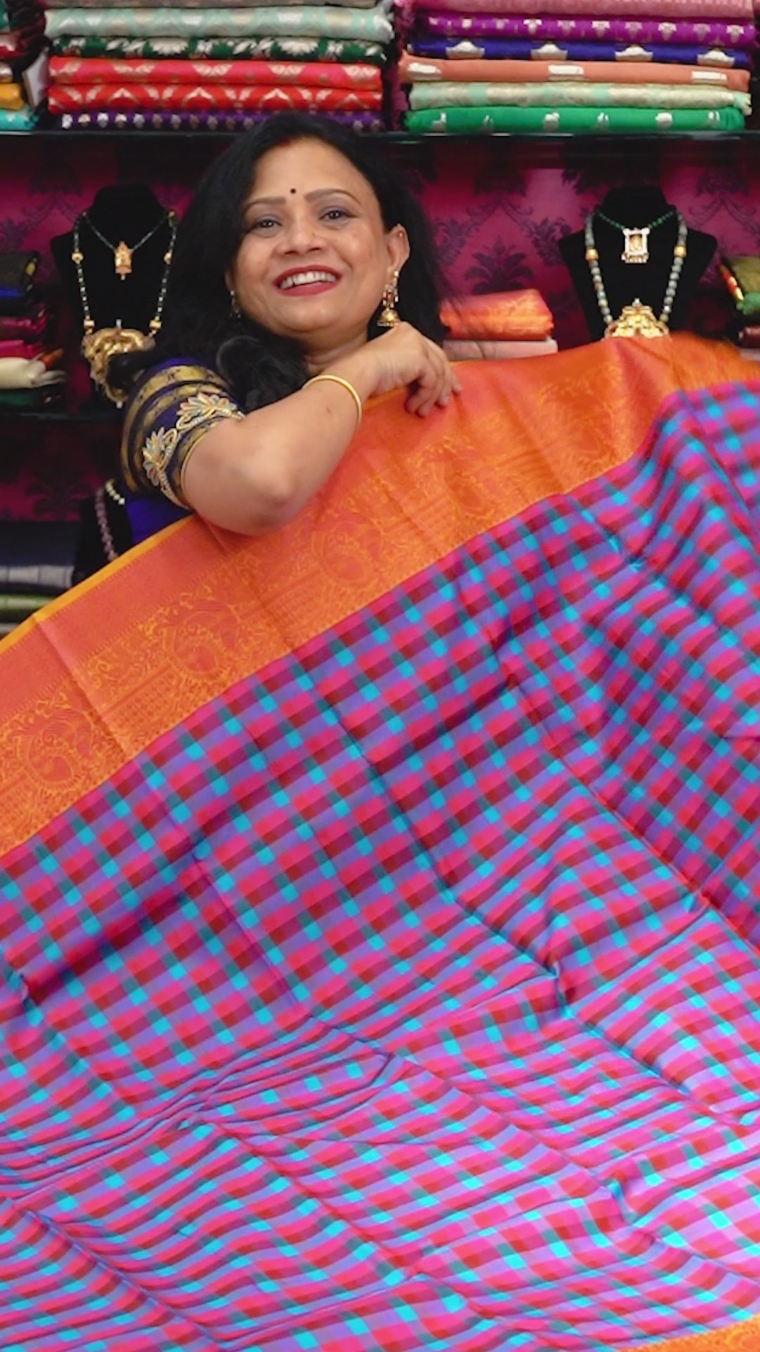 Blue With Pink Checked Kuravanji Silk Saree