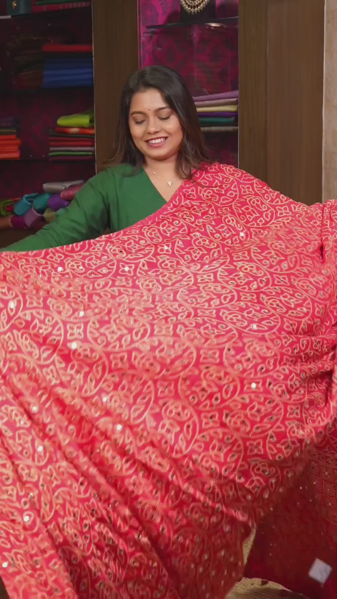 Pink Floral Pattern Mirror Work Ajrakh Modal Silk Saree