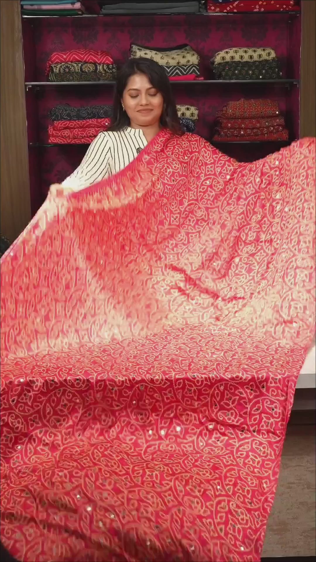 Pink Floral Pattern Mirror Work Ajrakh Modal Silk Saree