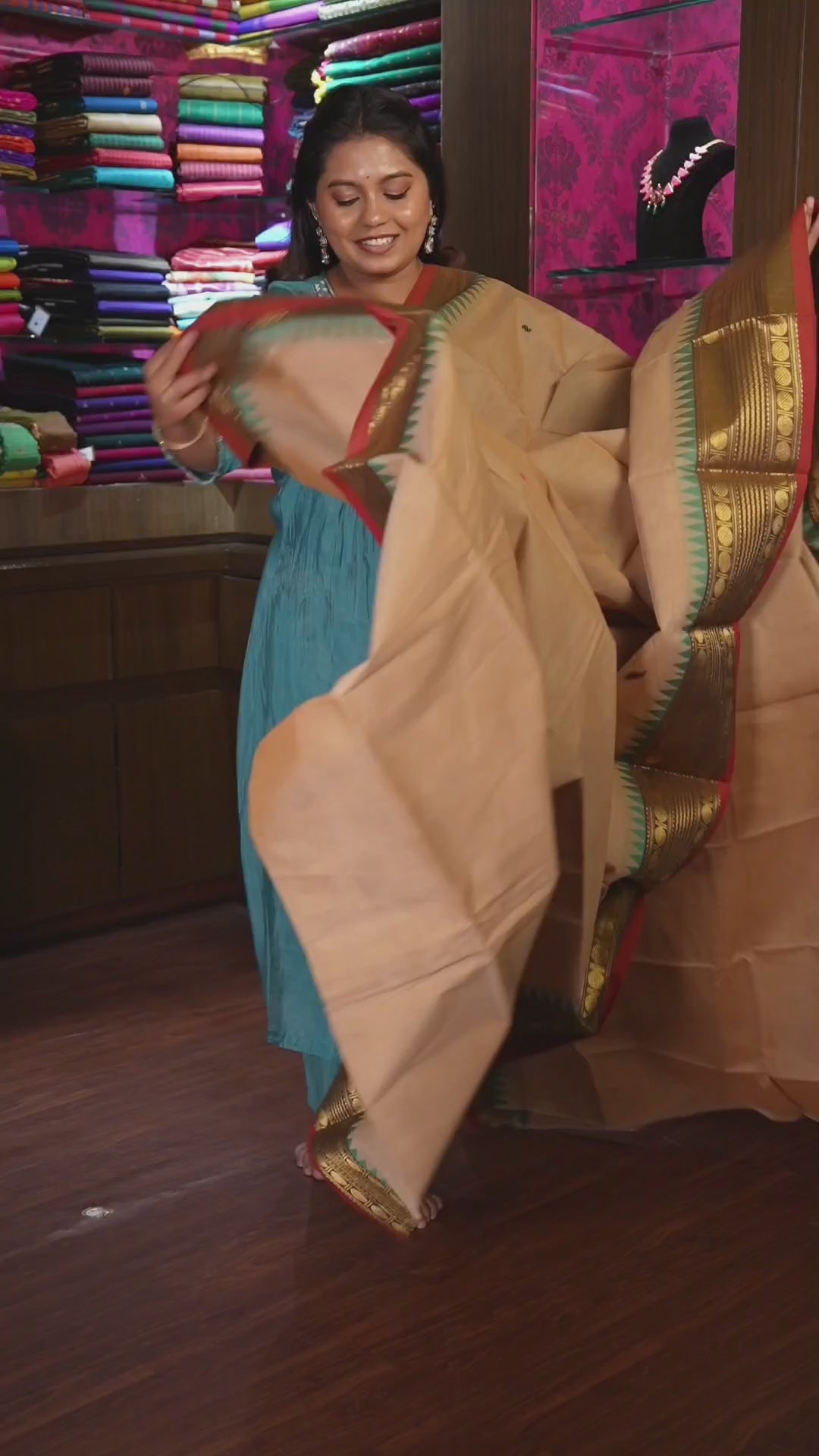 Sandal With Red Kanchi Cotton Saree