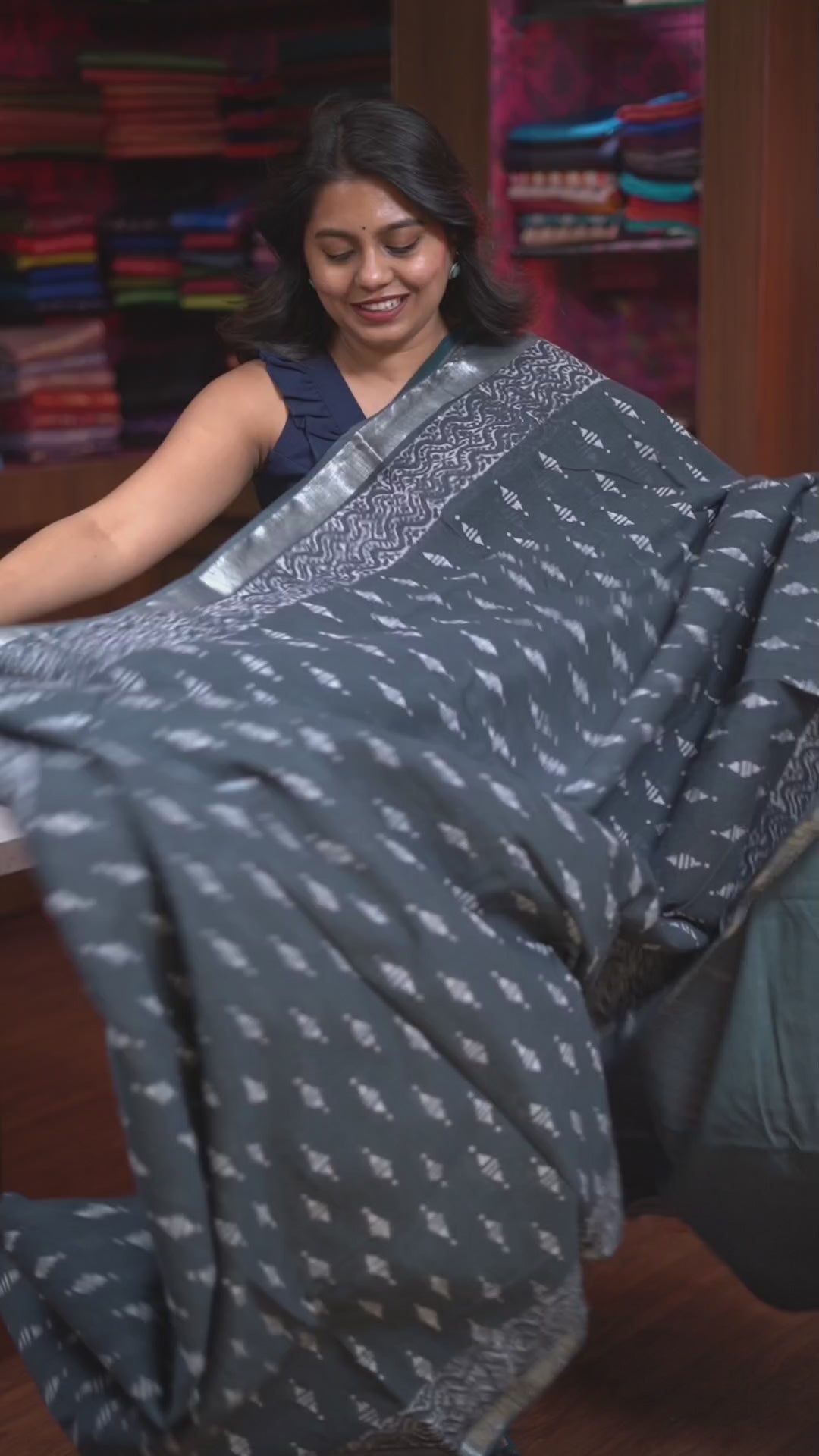 Dark Blue Grey Linen Cotton Saree