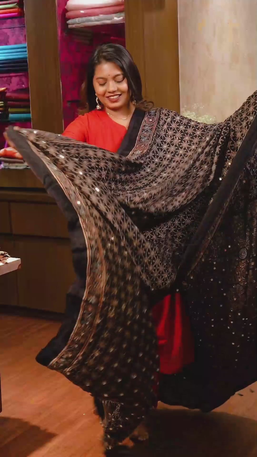 Black Mirror Work Ajrakh Modal Silk Saree