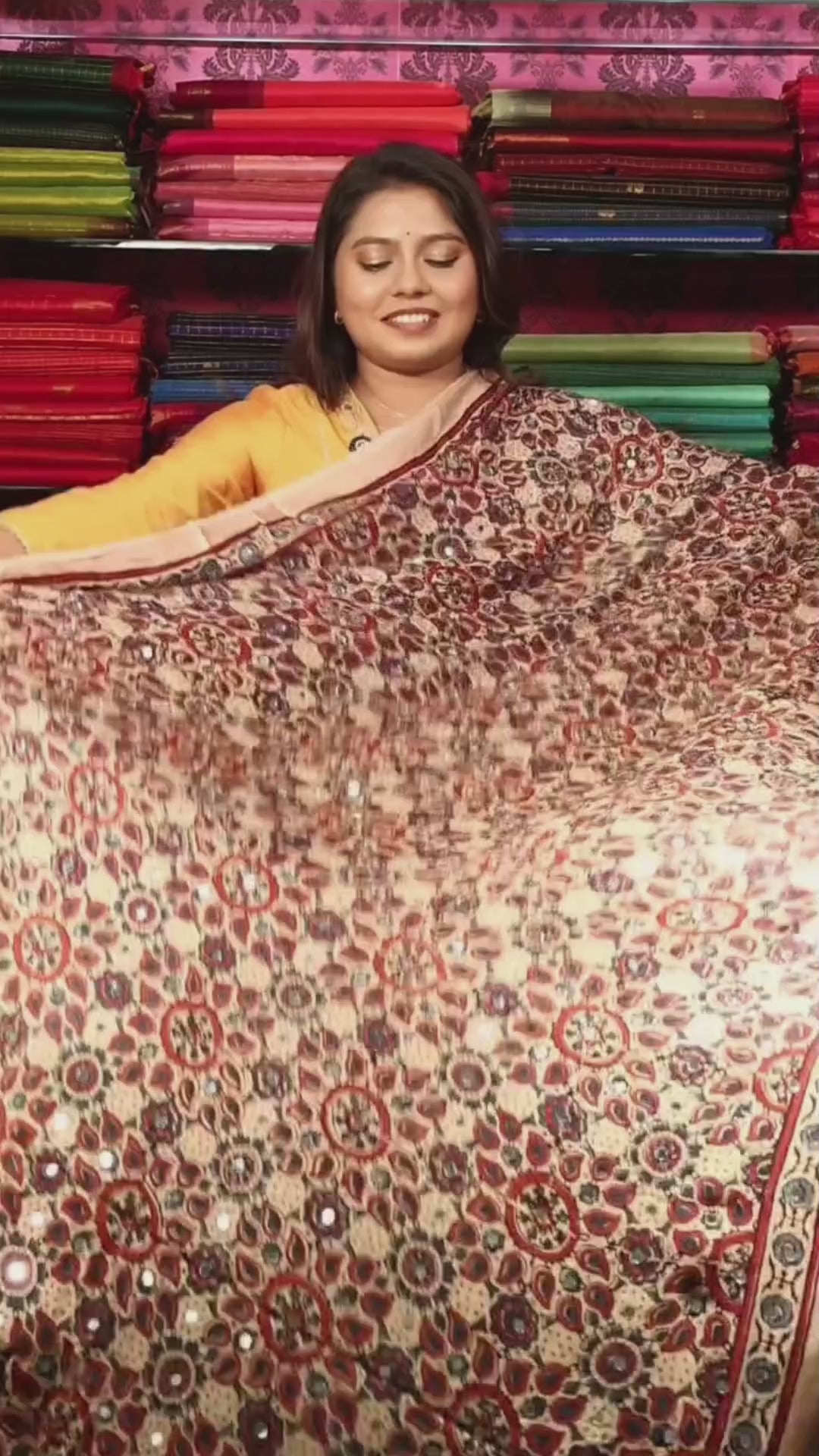 Maroon With Cream Mirror Work Ajrakh Modal Silk Saree