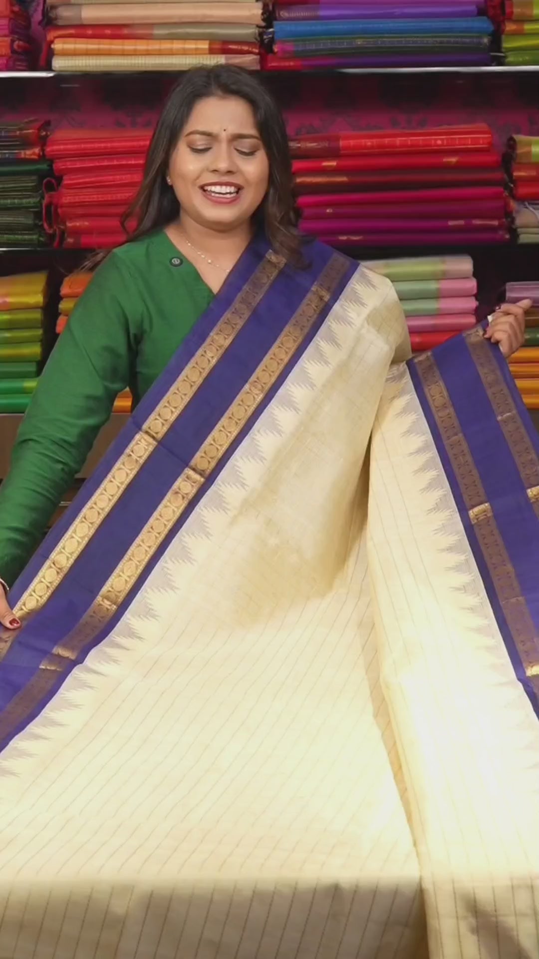 White Kattam With Navy Blue Pure Silk Cotton Saree